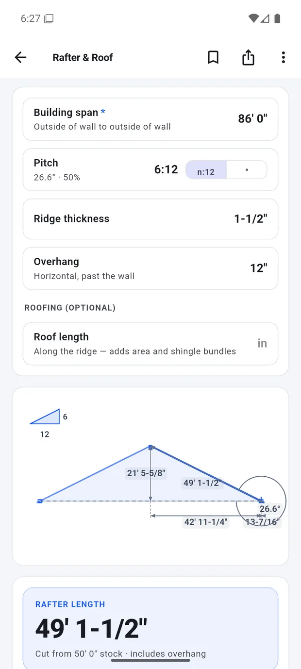 Rafter calculator with roof geometry